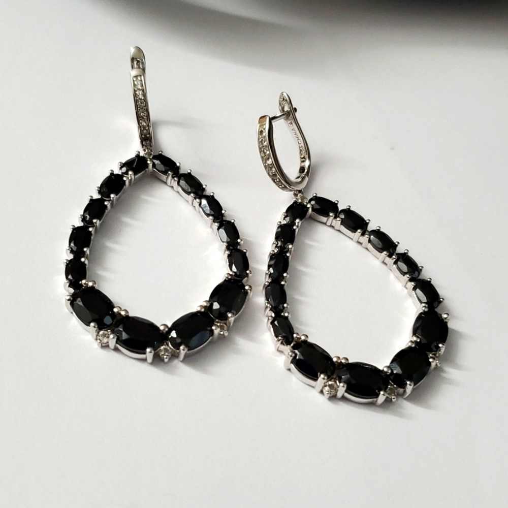 Sterling Silver 925 Onyx Tear Drop Hook Earrings